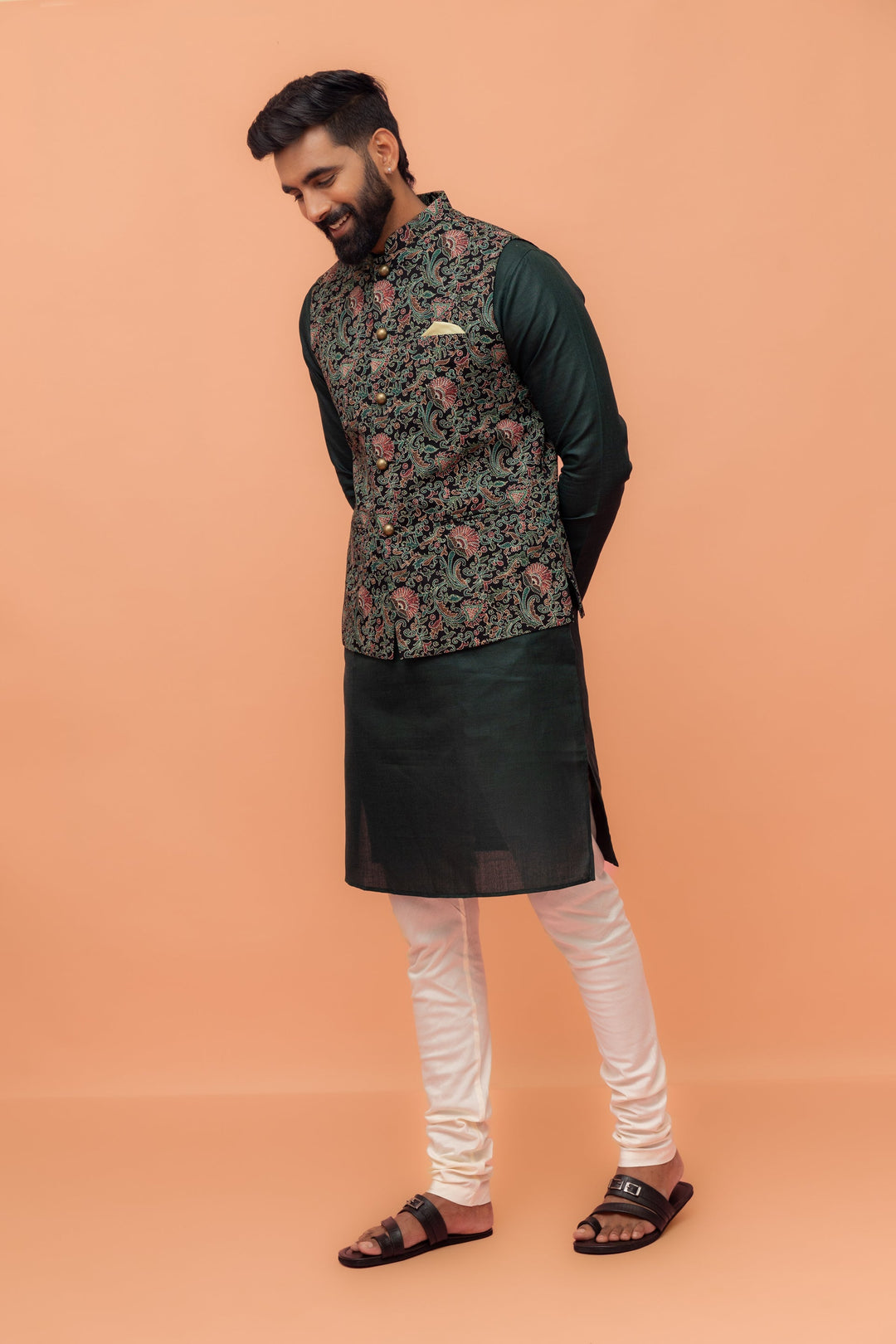 Black Multi-Color Printed Nehru Jacket | SHOBITAM