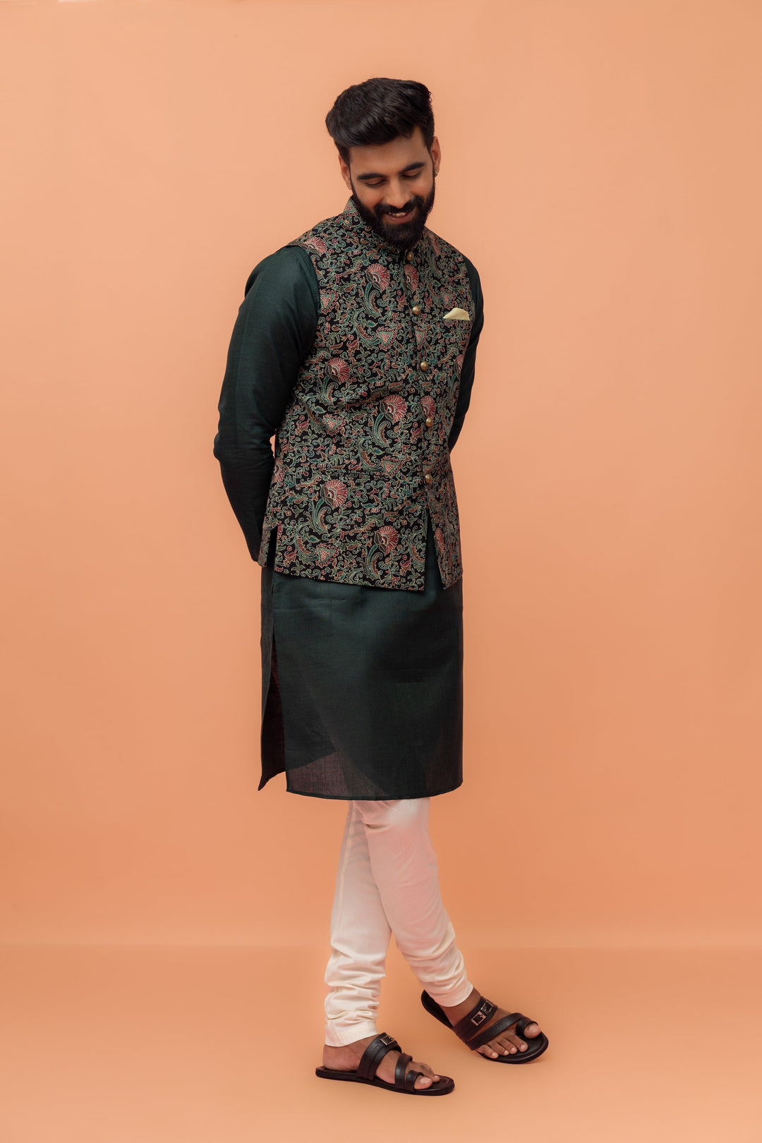 Black Multi-Color Printed Nehru Jacket | SHOBITAM