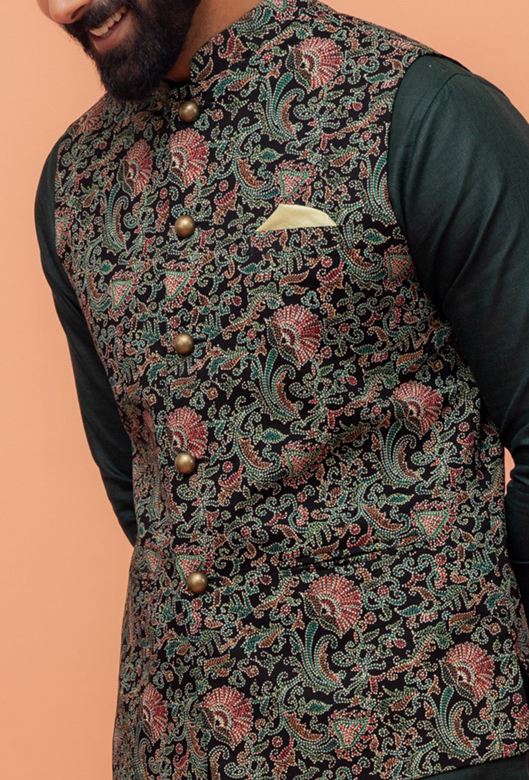Black Multi-Color Printed Nehru Jacket | SHOBITAM