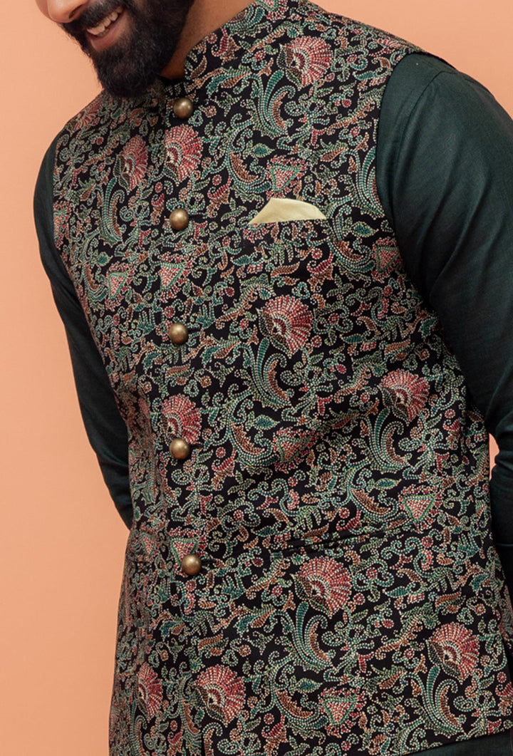 Black Multi-Color Printed Nehru Jacket | SHOBITAM