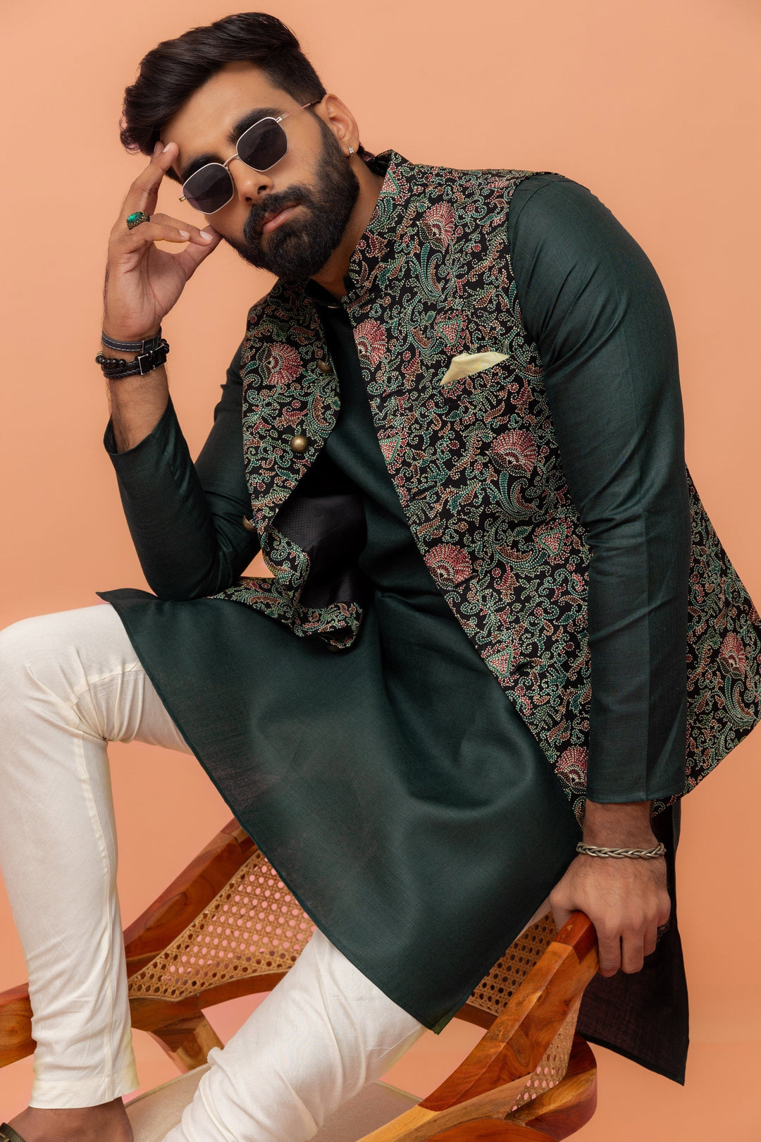 Black Multi-Color Printed Nehru Jacket | SHOBITAM