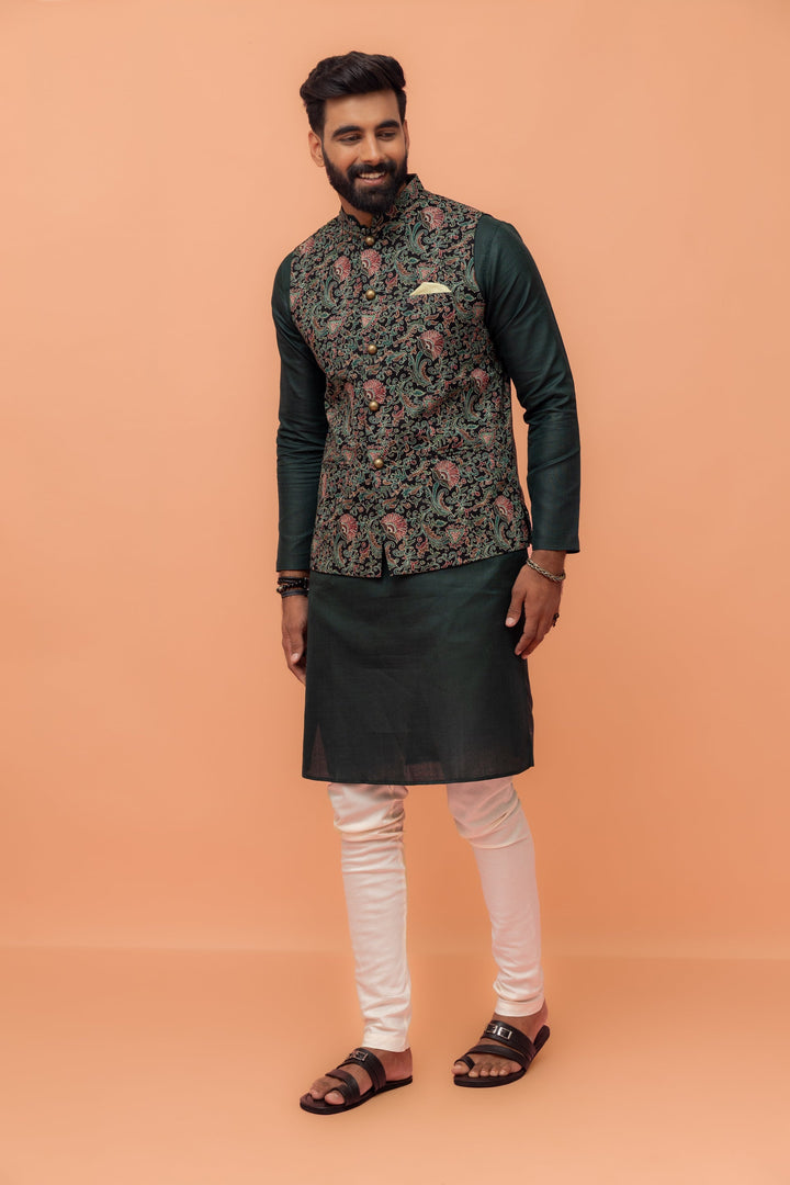 Black Multi-Color Printed Nehru Jacket | SHOBITAM