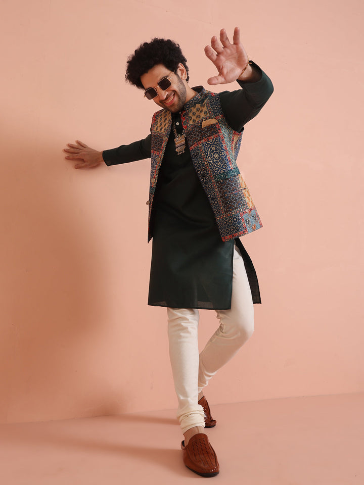 Multicolor Patchwork Printed Silk Blend Nehru Jacket with Mandarin Collar | SHOBITAM