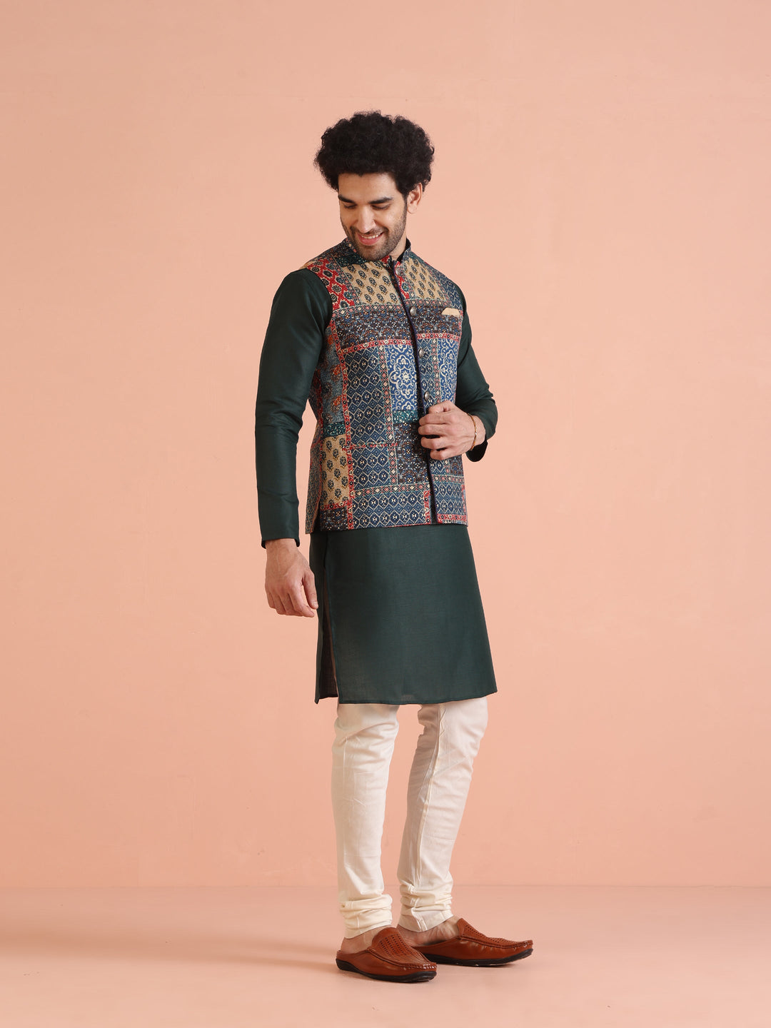 Multicolor Patchwork Printed Silk Blend Nehru Jacket with Mandarin Collar | SHOBITAM