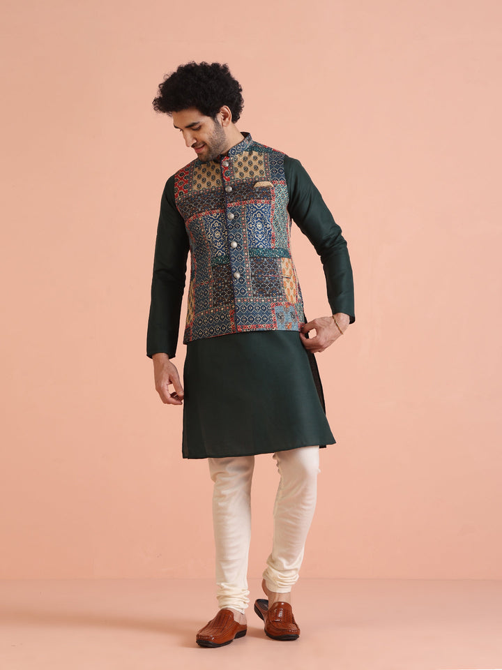 Multicolor Patchwork Printed Silk Blend Nehru Jacket with Mandarin Collar | SHOBITAM