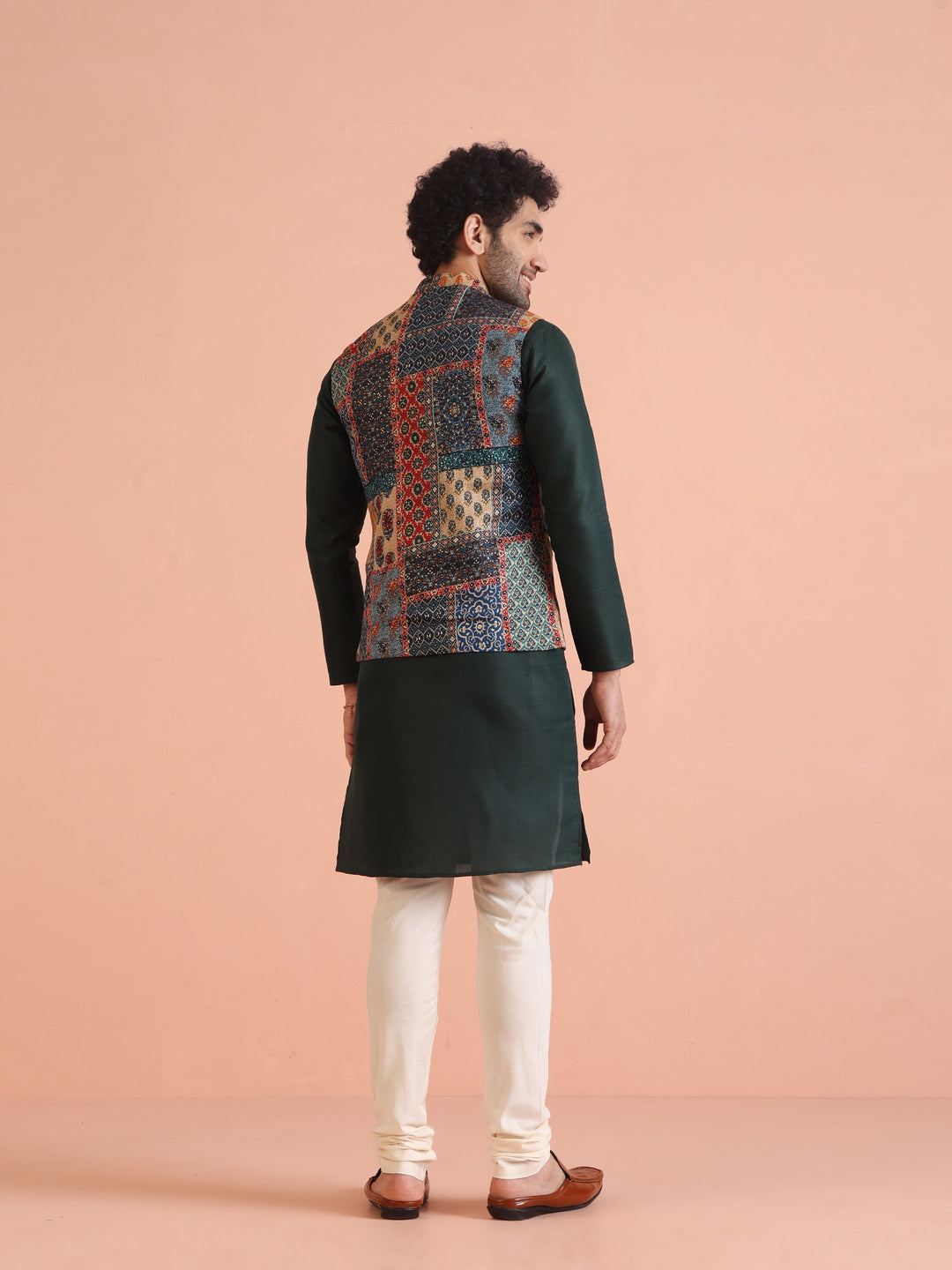 Multicolor Patchwork Printed Silk Blend Nehru Jacket with Mandarin Collar | SHOBITAM