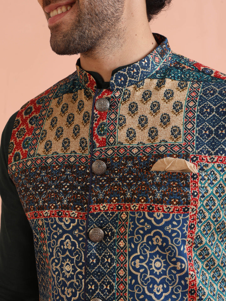 Multicolor Patchwork Printed Silk Blend Nehru Jacket with Mandarin Collar | SHOBITAM