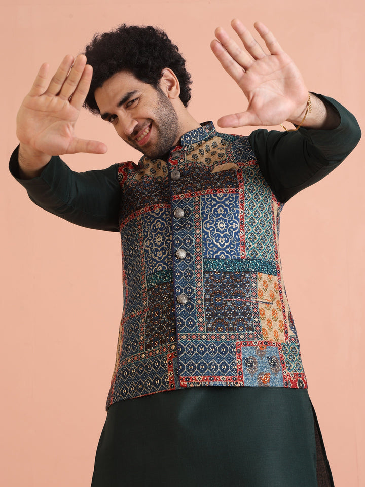 Multicolor Patchwork Printed Silk Blend Nehru Jacket with Mandarin Collar | SHOBITAM