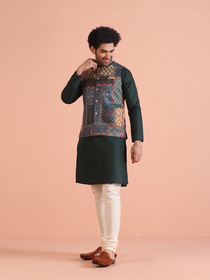 Multicolor Patchwork Printed Silk Blend Nehru Jacket with Mandarin Collar | SHOBITAM