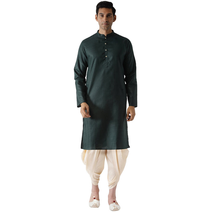 Dark Green Silk Blend Kurta with Cream Dhoti | SHOBITAM