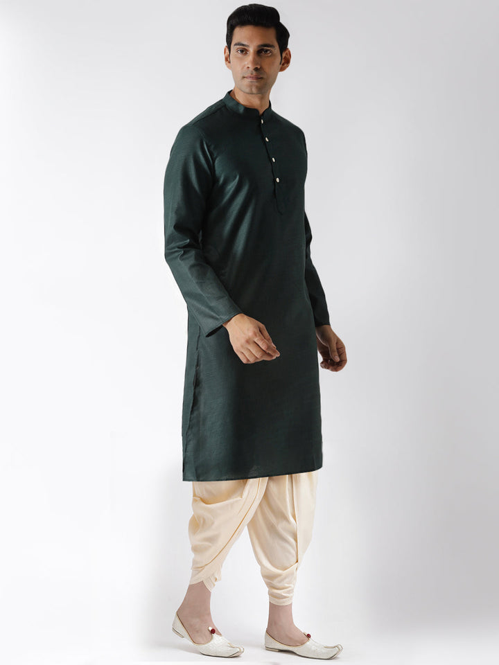 Dark Green Silk Blend Kurta with Cream Dhoti | SHOBITAM