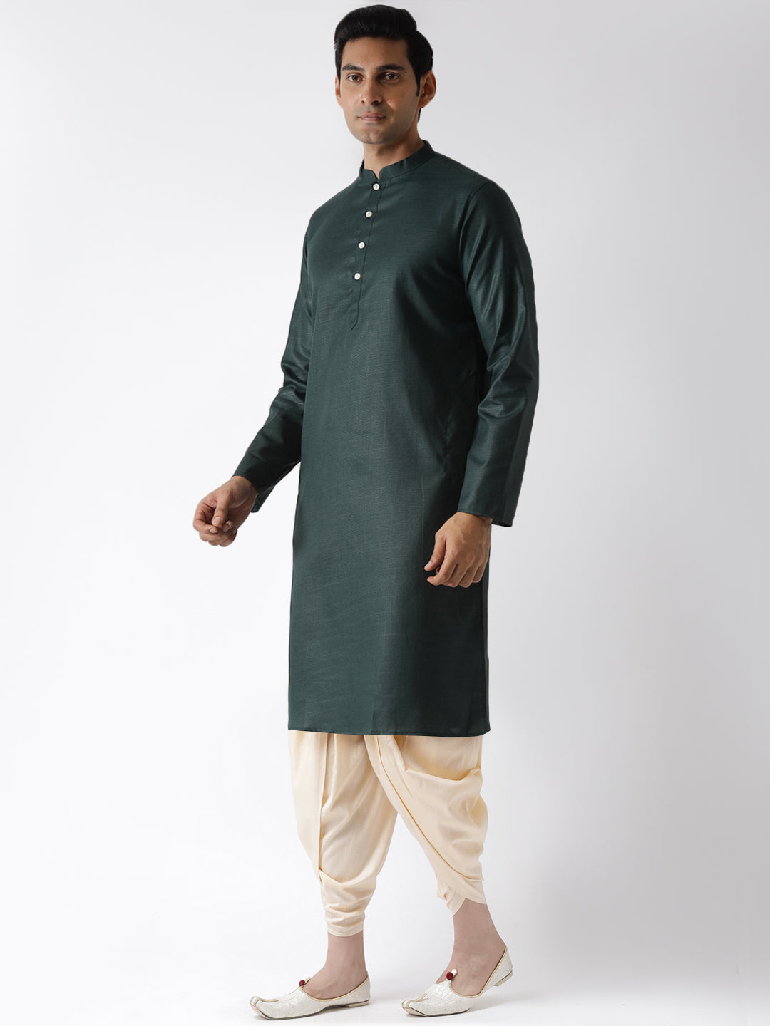 Dark Green Silk Blend Kurta with Cream Dhoti | SHOBITAM