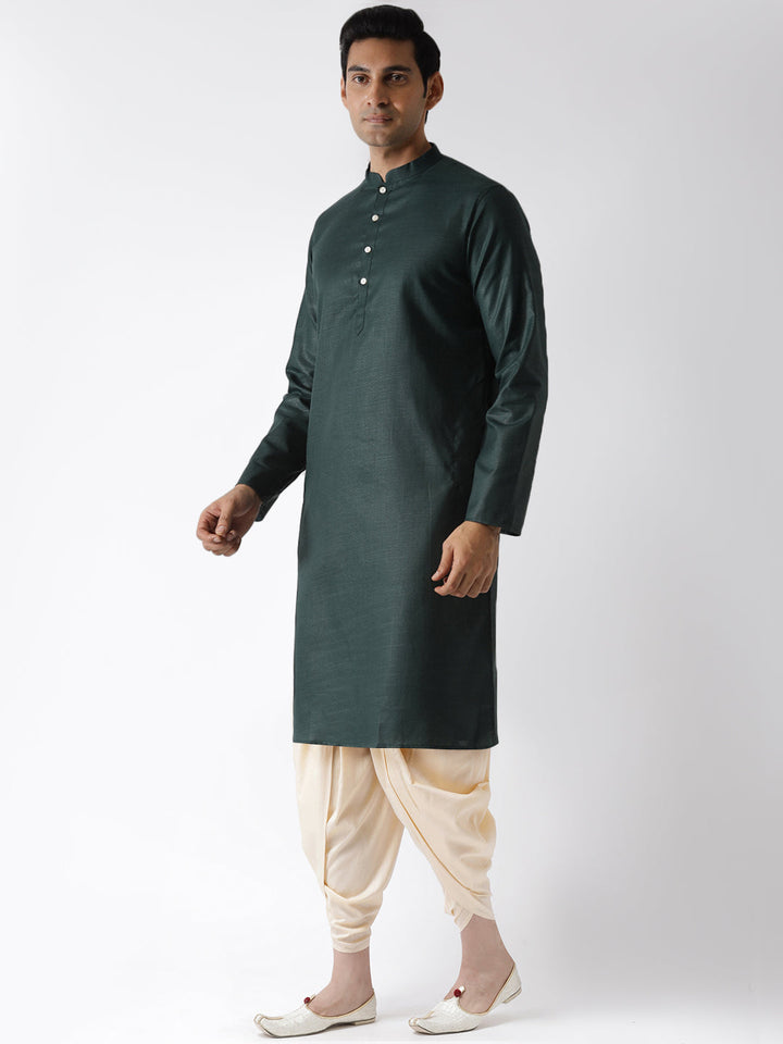 Dark Green Silk Blend Kurta with Cream Dhoti | SHOBITAM