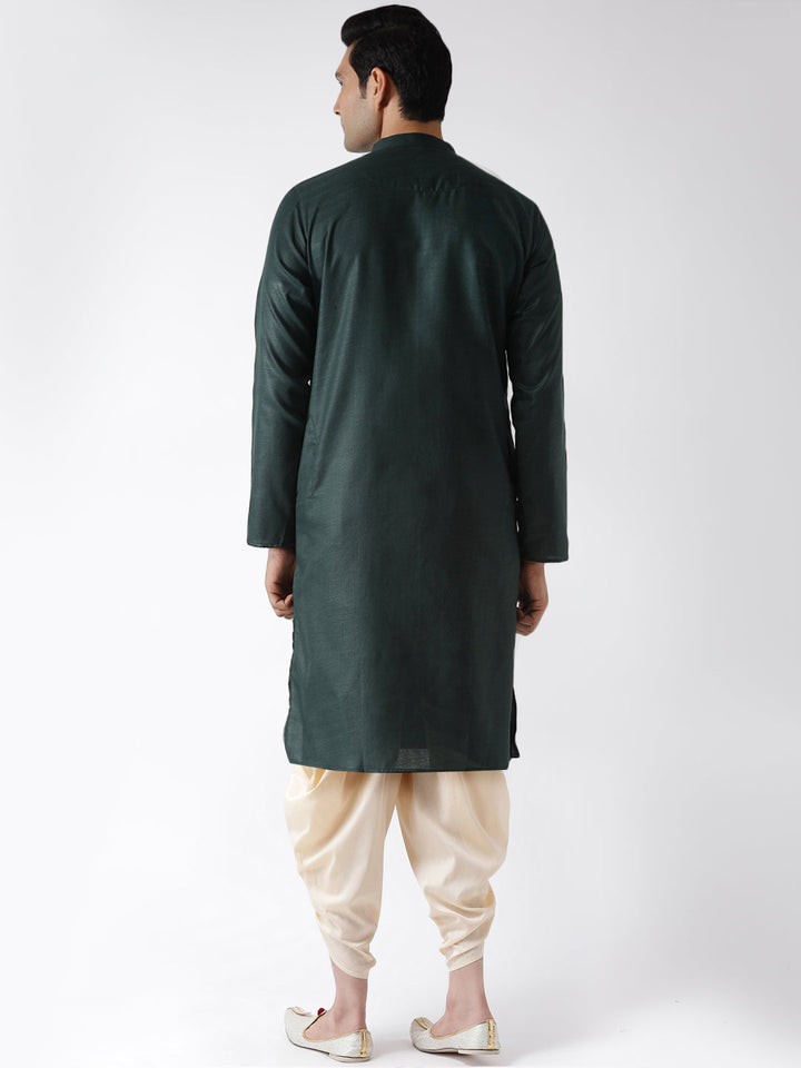 Dark Green Silk Blend Kurta with Cream Dhoti | SHOBITAM