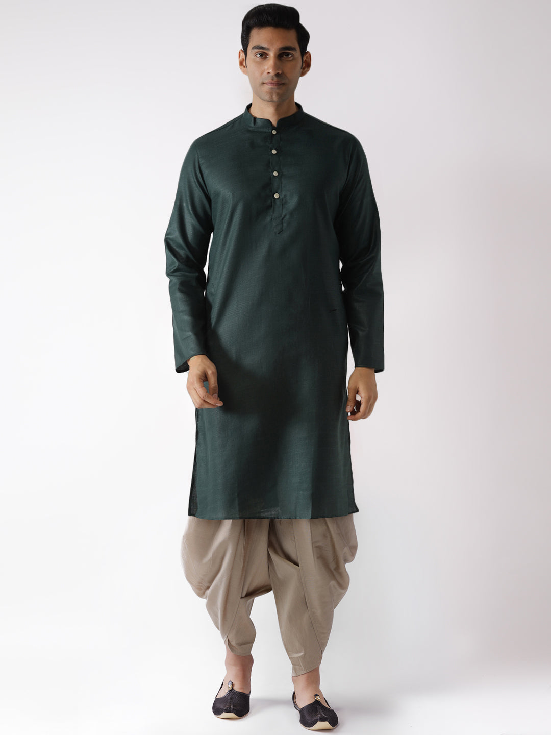 Dark Green Kurta with Beige Dhoti | SHOBITAM