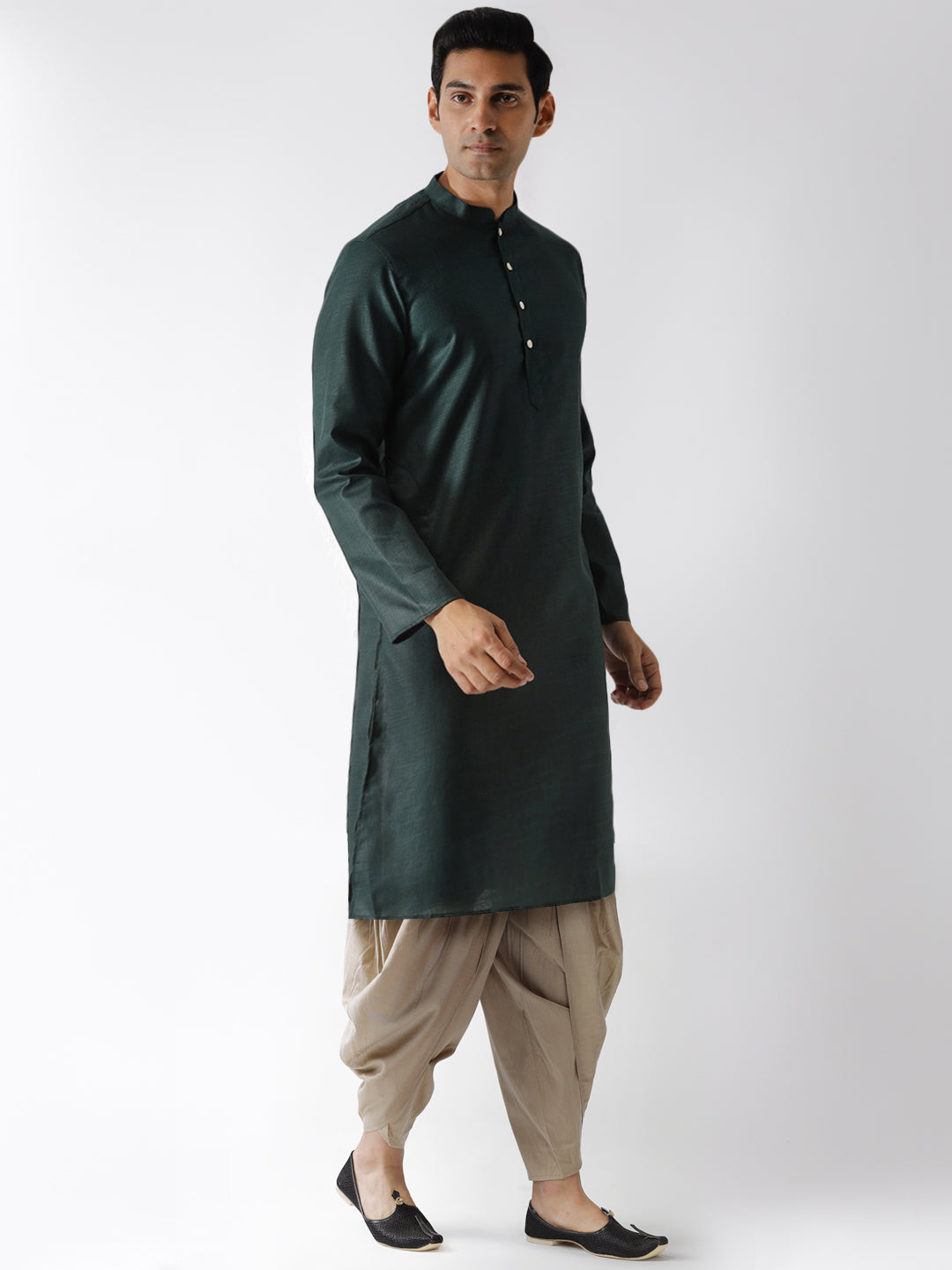 Dark Green Kurta with Beige Dhoti | SHOBITAM