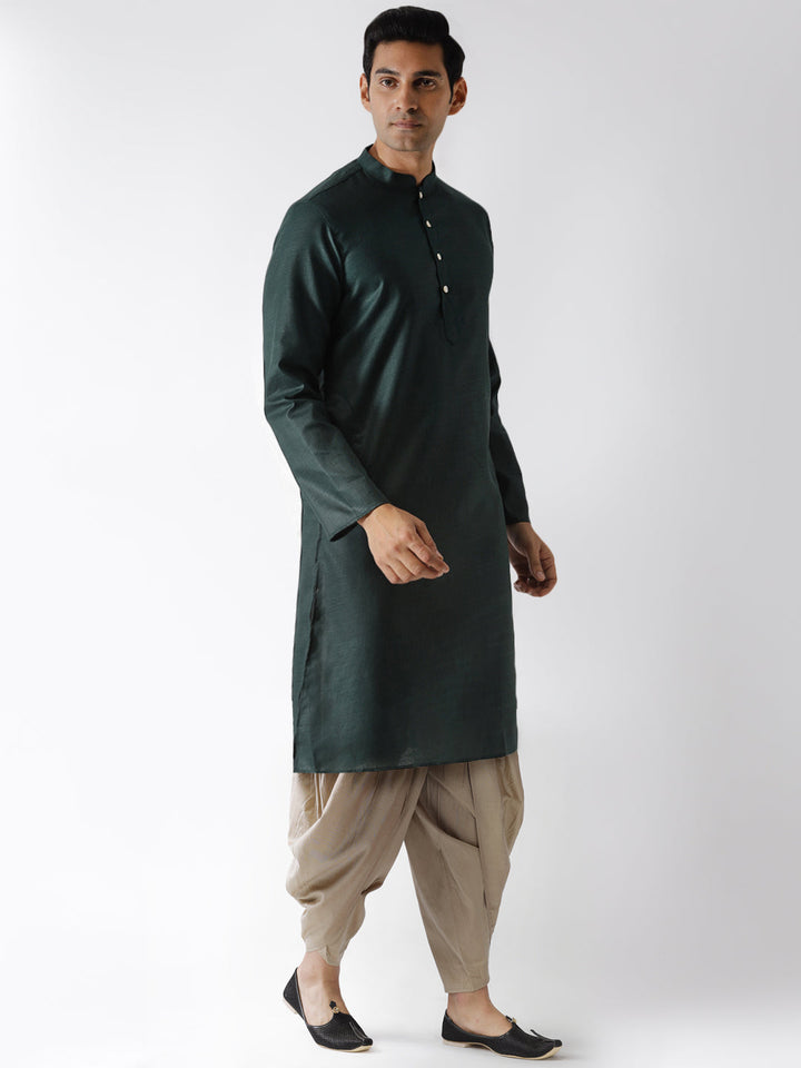 Dark Green Kurta with Beige Dhoti | SHOBITAM