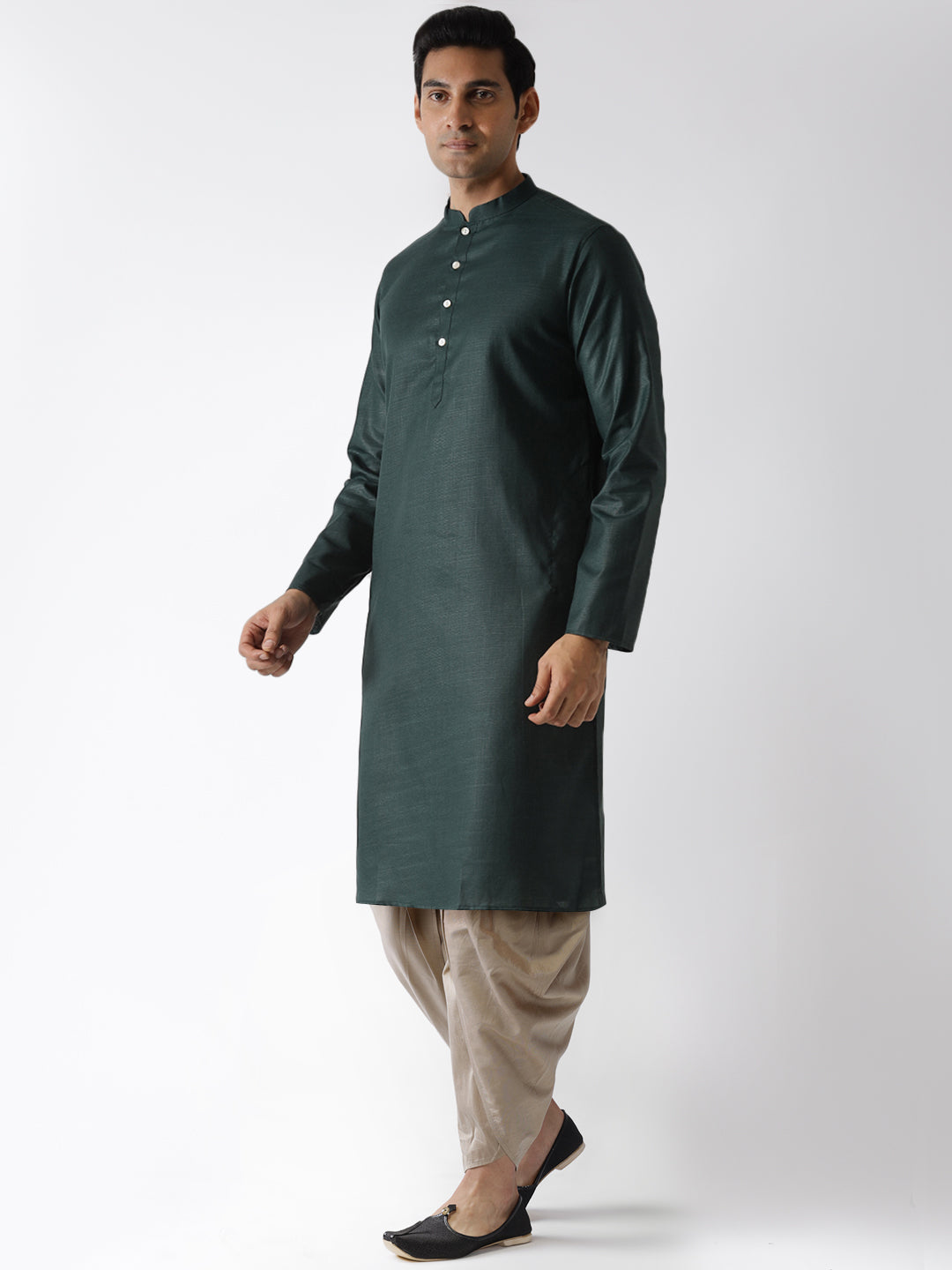 Dark Green Kurta with Beige Dhoti | SHOBITAM