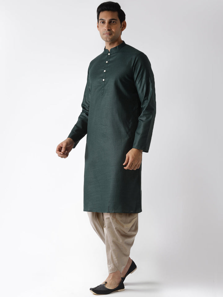 Dark Green Kurta with Beige Dhoti | SHOBITAM