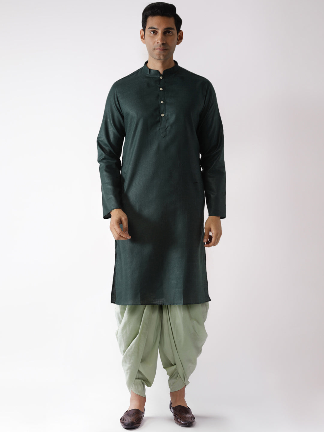 Dark Green Solid Kurta with Light Green Dhoti | SHOBITAM