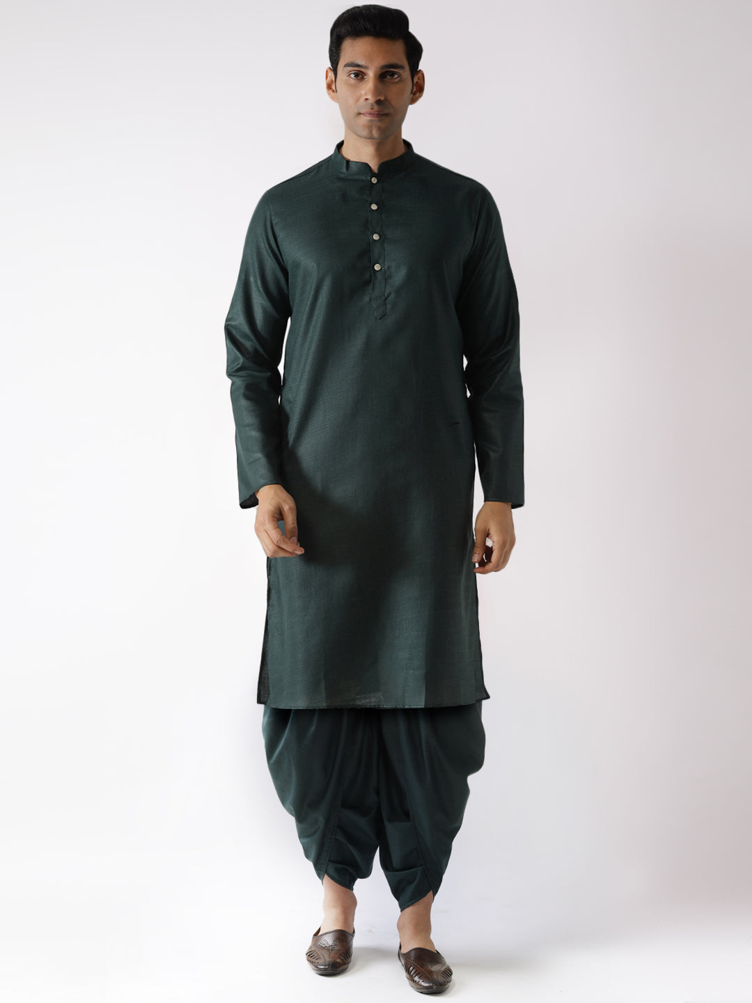 Bottle Green Solid Kurta Dhoti Set | SHOBITAM
