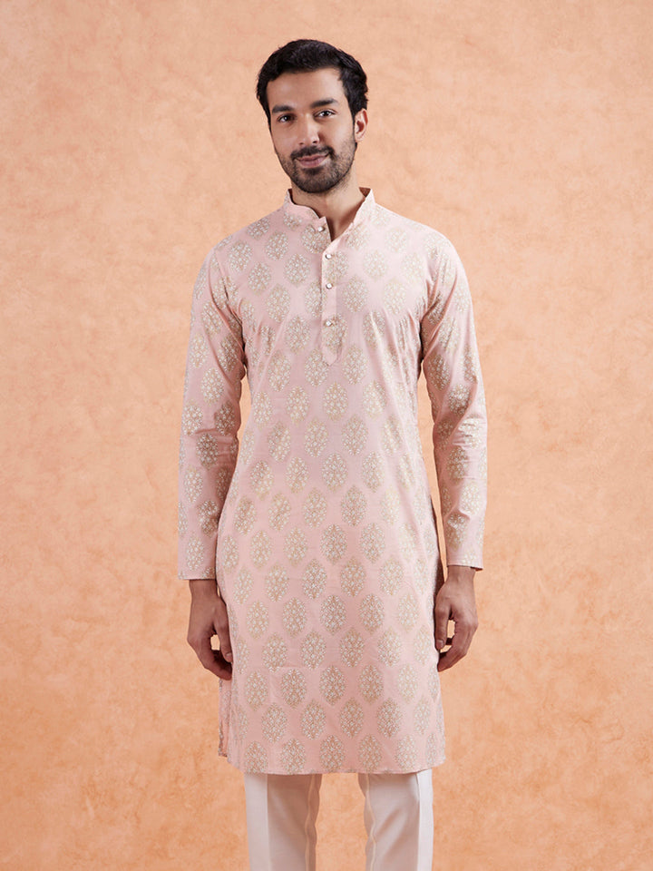 Pink Cotton Silk Woven Long Kurta  | SHOBITAM