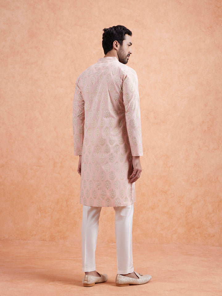 Pink Cotton Silk Woven Long Kurta  | SHOBITAM