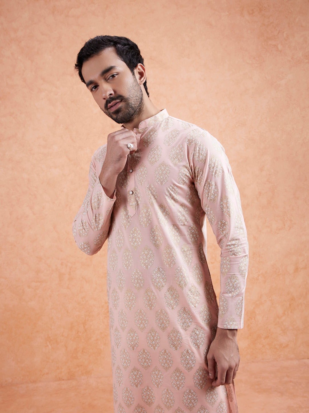 Pink Cotton Silk Woven Long Kurta  | SHOBITAM