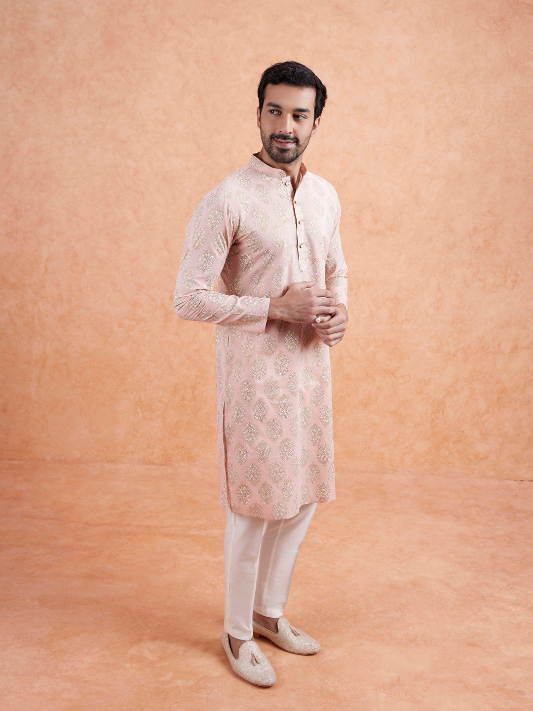 Pink Cotton Silk Woven Long Kurta  | SHOBITAM