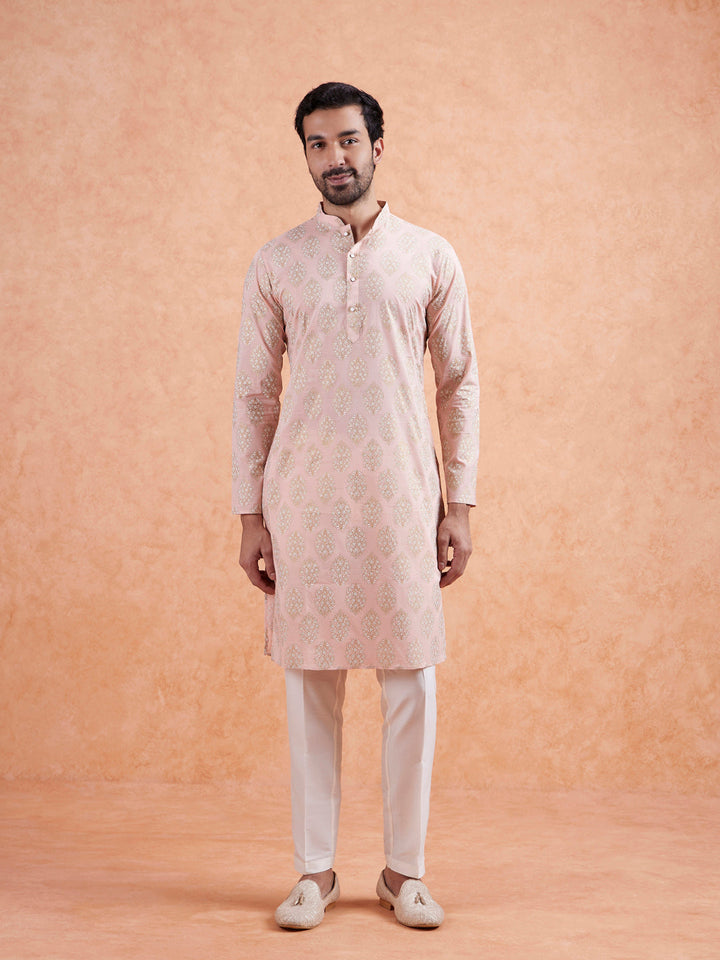 Pink Cotton Silk Woven Long Kurta  | SHOBITAM