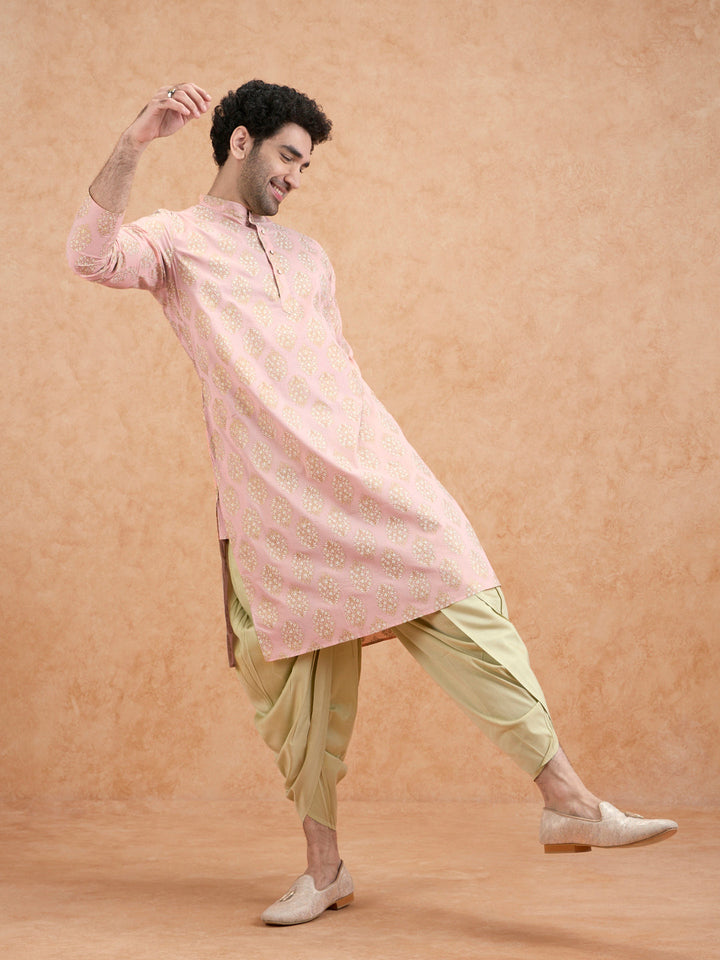 Pink Silk Blend Embroidered Kurta Mint Dhoti | SHOBITAM