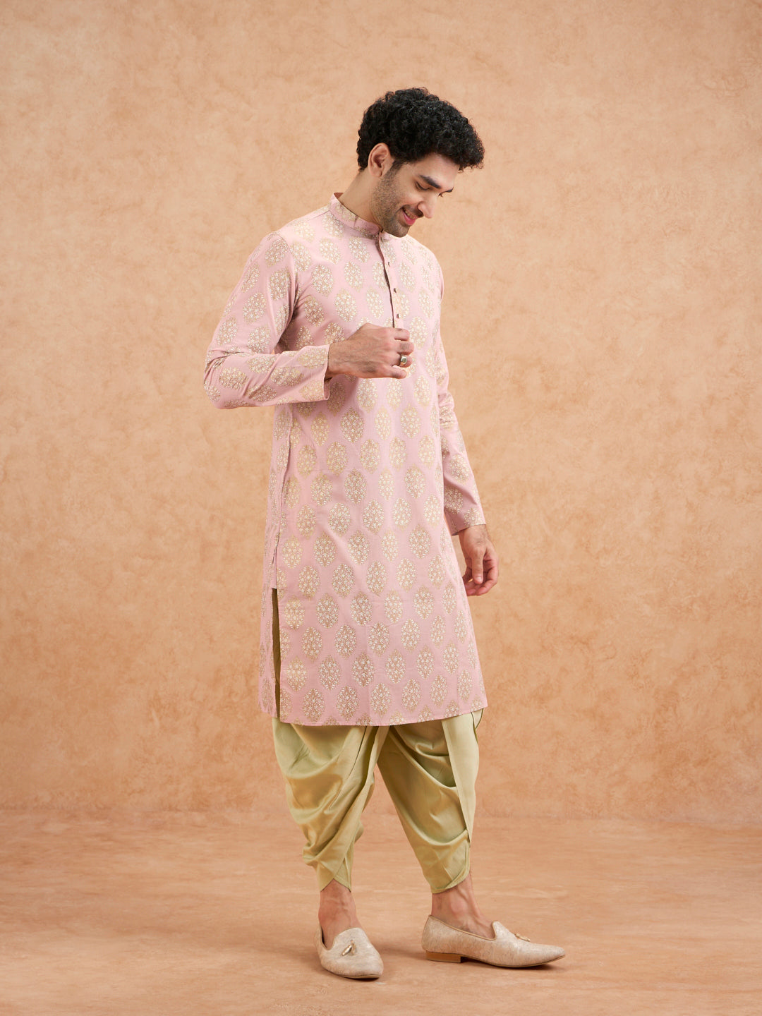 Pink Silk Blend Embroidered Kurta Mint Dhoti | SHOBITAM