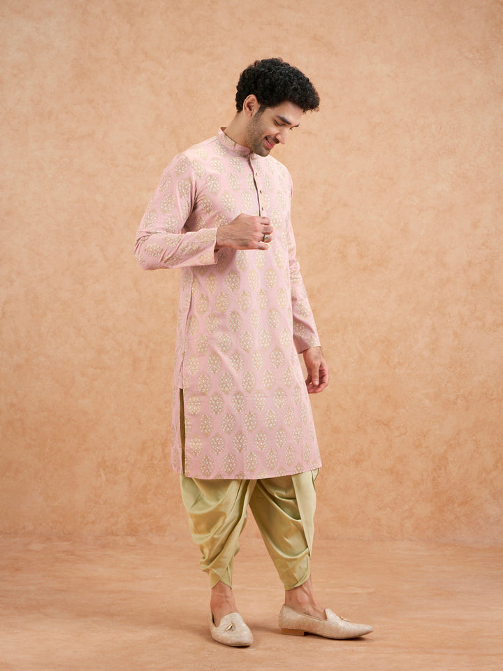 Pink Silk Blend Embroidered Kurta Mint Dhoti | SHOBITAM