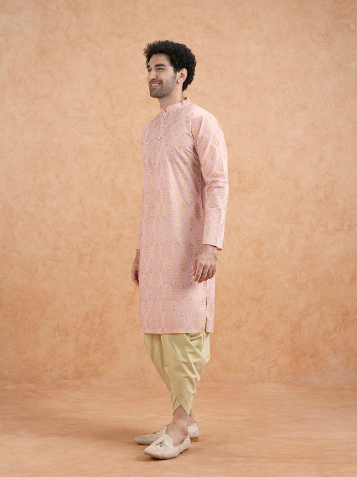 Pink Silk Blend Embroidered Kurta Mint Dhoti | SHOBITAM