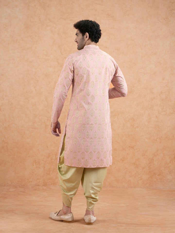 Pink Silk Blend Embroidered Kurta Mint Dhoti | SHOBITAM