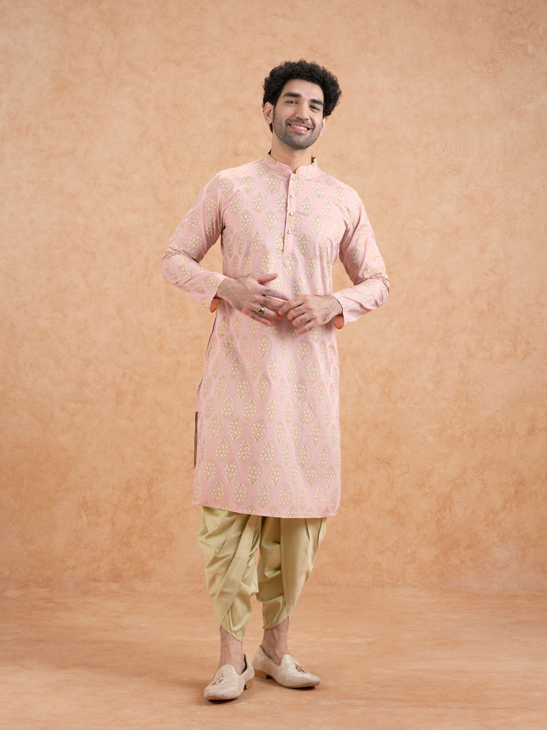 Pink Silk Blend Embroidered Kurta Mint Dhoti | SHOBITAM