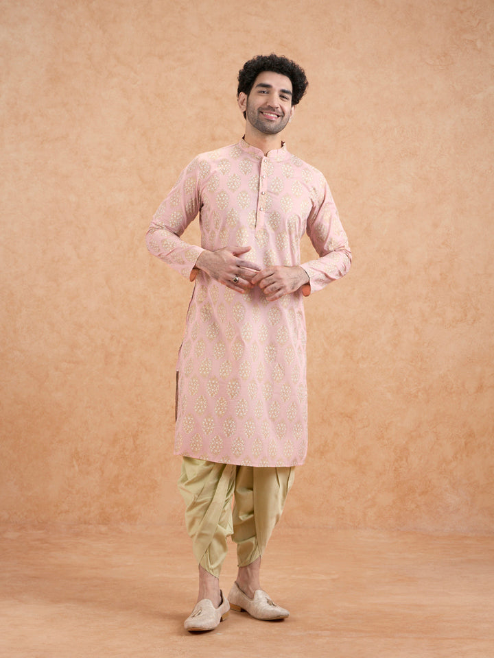 Pink Silk Blend Embroidered Kurta Mint Dhoti | SHOBITAM
