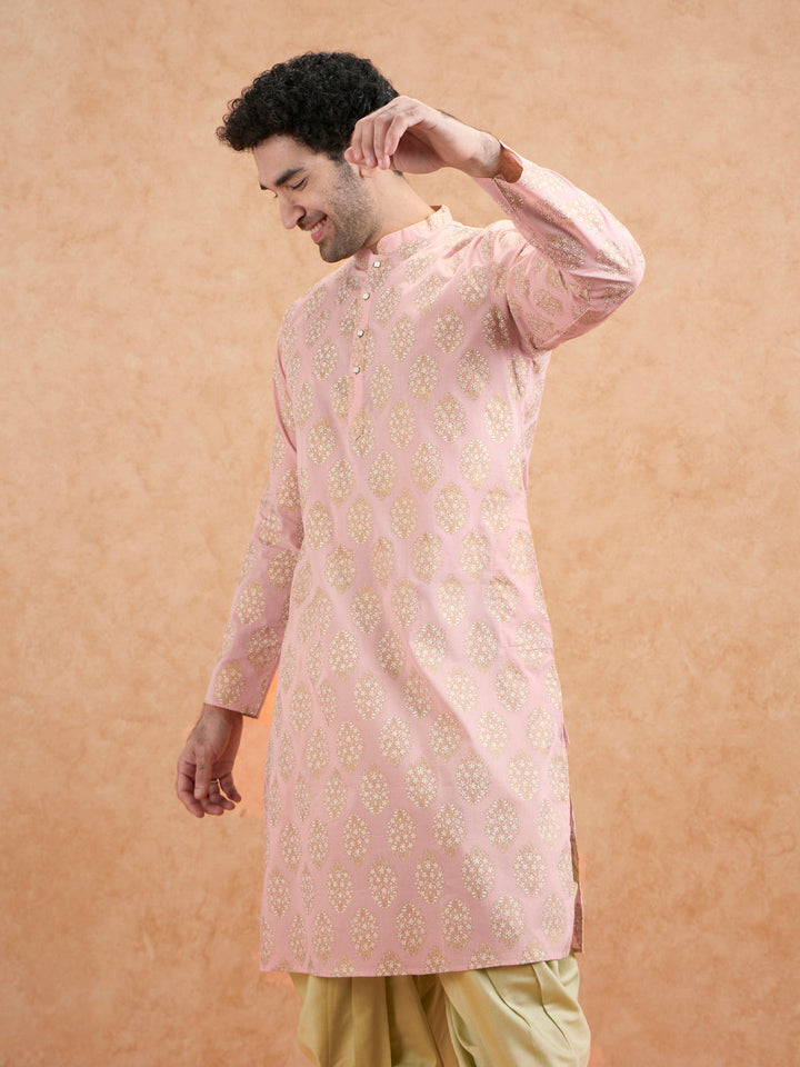 Pink Silk Blend Embroidered Kurta Mint Dhoti | SHOBITAM