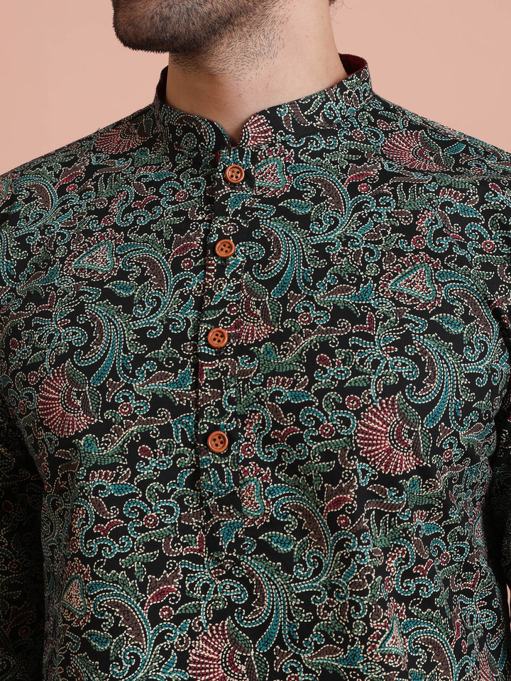 Black Printed Cotton Kurta  | SHOBITAM