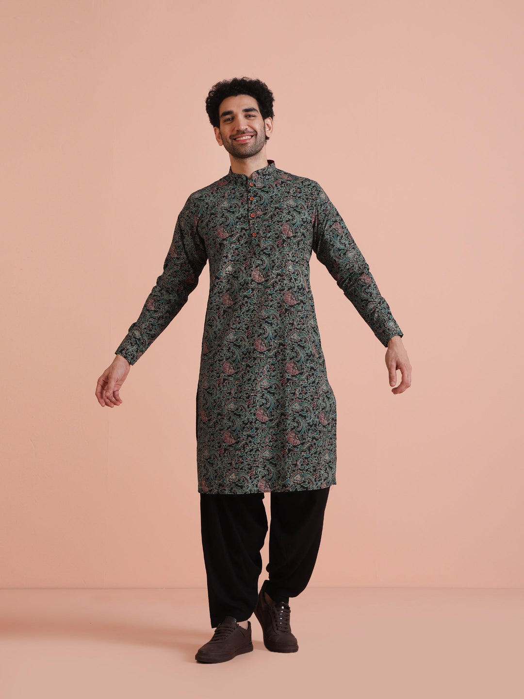 Black Printed Cotton Kurta  | SHOBITAM