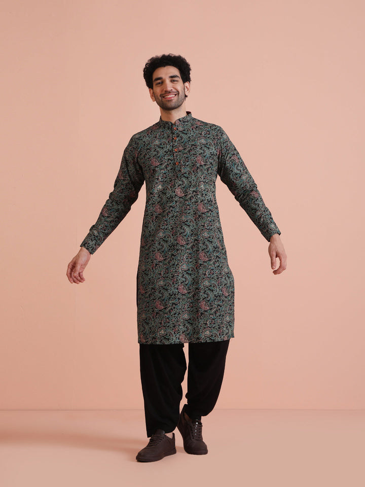 Black Printed Cotton Kurta  | SHOBITAM