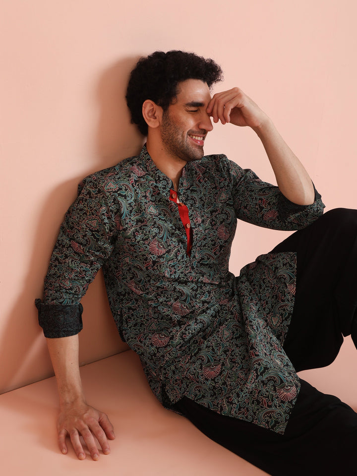 Black Printed Cotton Kurta  | SHOBITAM