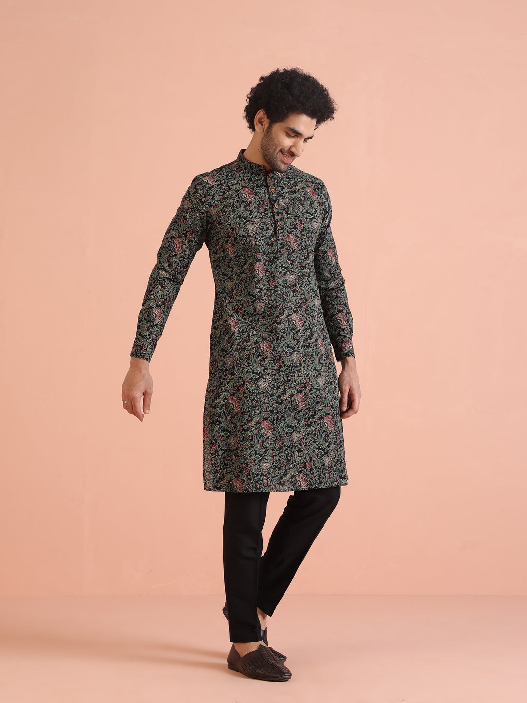 Black Printed Cotton Silk Kurta Trouser Set | SHOBITAM