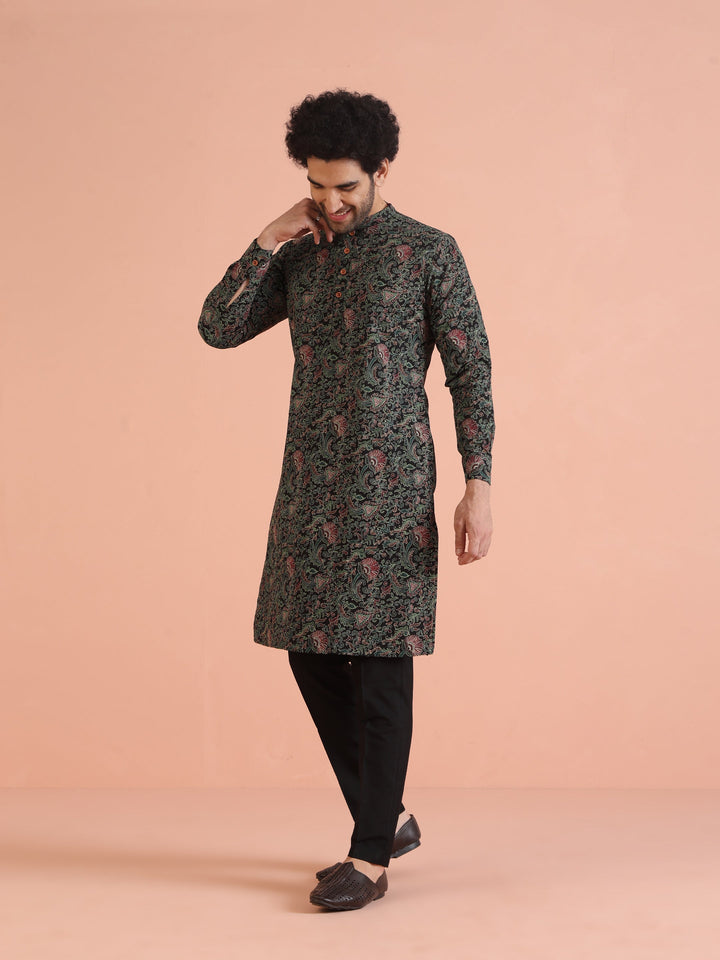 Black Printed Cotton Silk Kurta Trouser Set | SHOBITAM