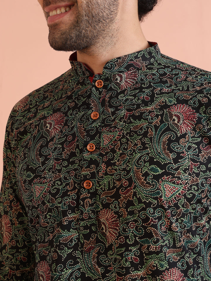 Black Printed Cotton Silk Kurta Trouser Set | SHOBITAM
