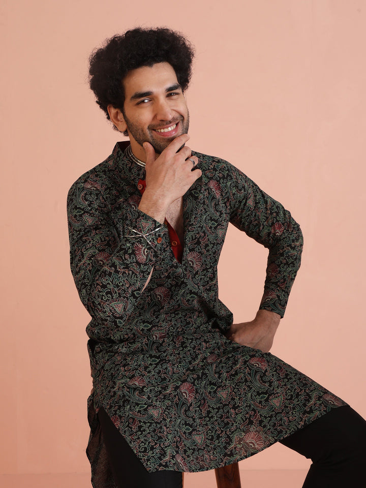 Black Printed Cotton Silk Kurta Trouser Set | SHOBITAM
