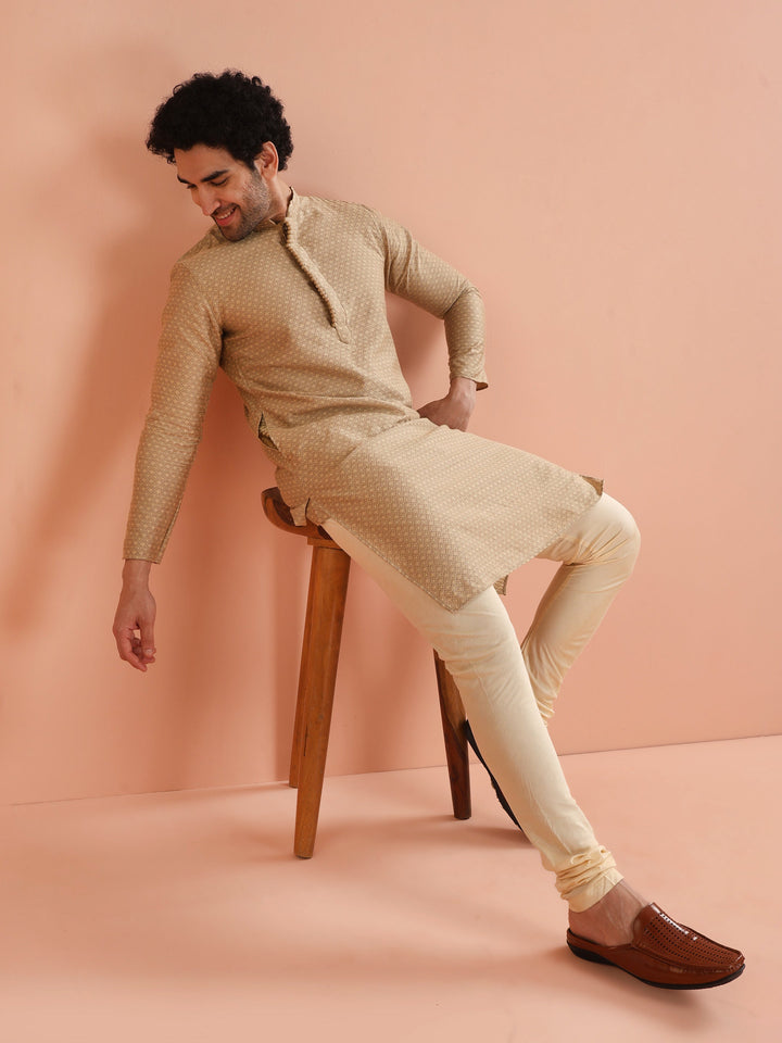 Beige Silk Blend Textured Long Kurta  | SHOBITAM