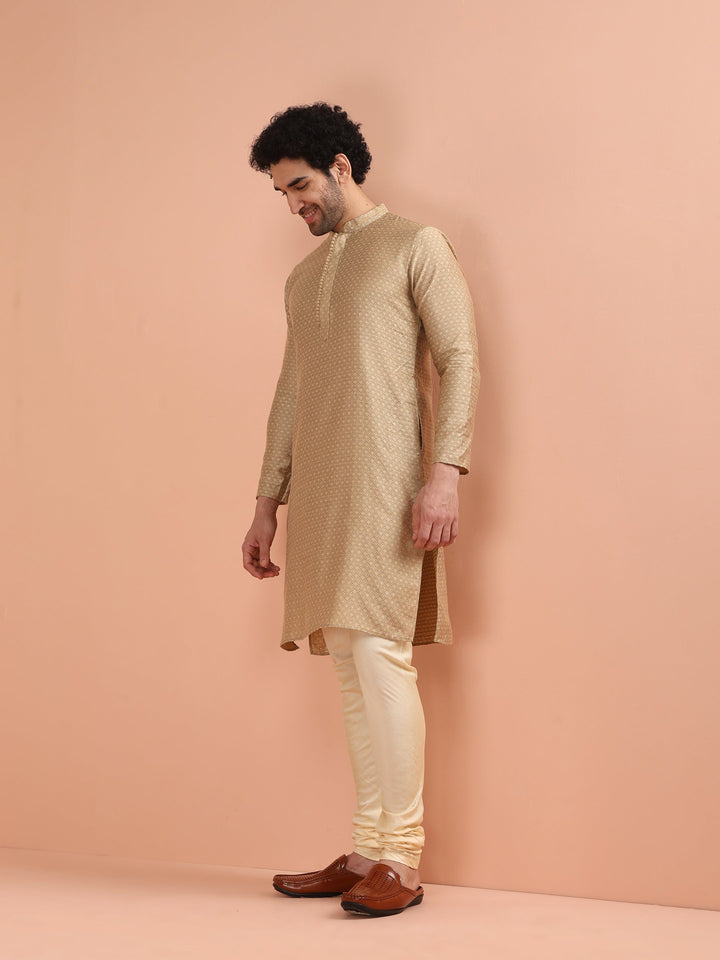 Beige Silk Blend Textured Kurta Cream Churidar | SHOBITAM
