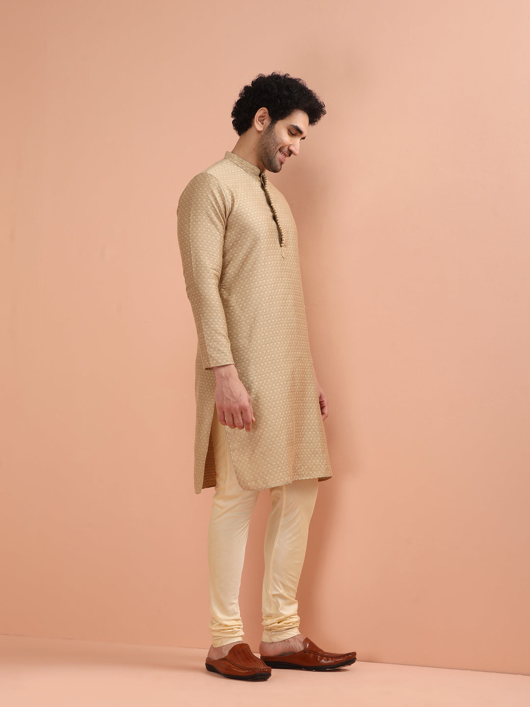 Beige Silk Blend Textured Long Kurta  | SHOBITAM