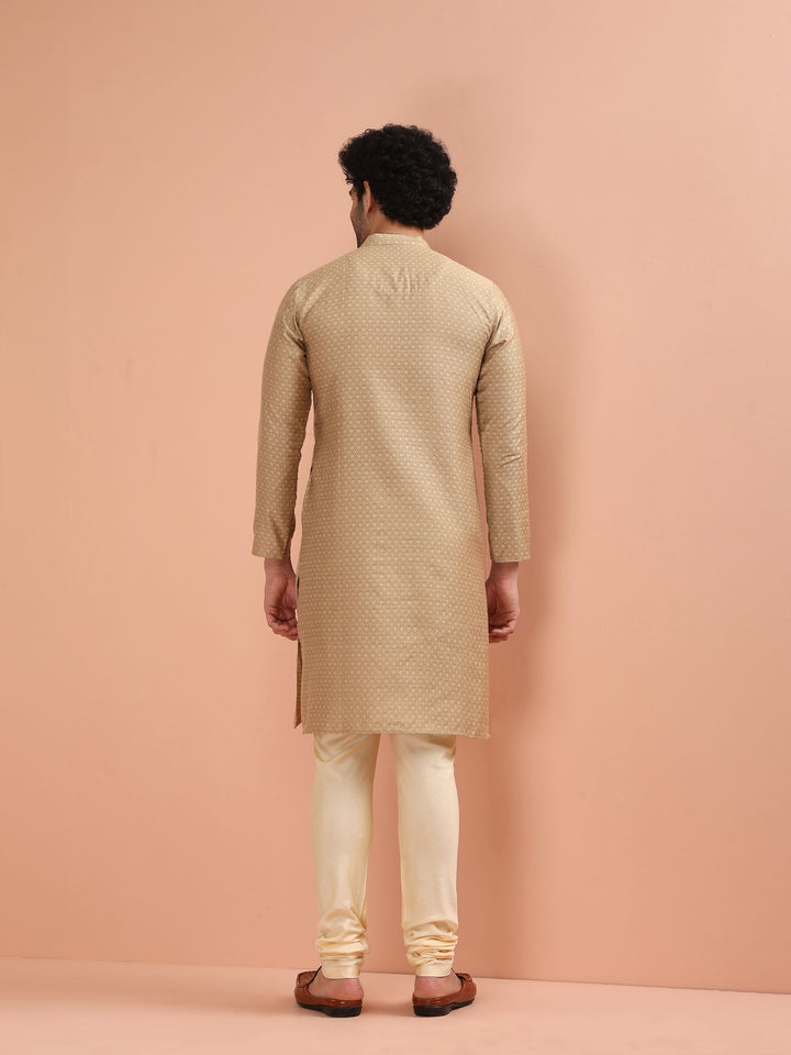 Beige Silk Blend Textured Kurta Cream Churidar | SHOBITAM